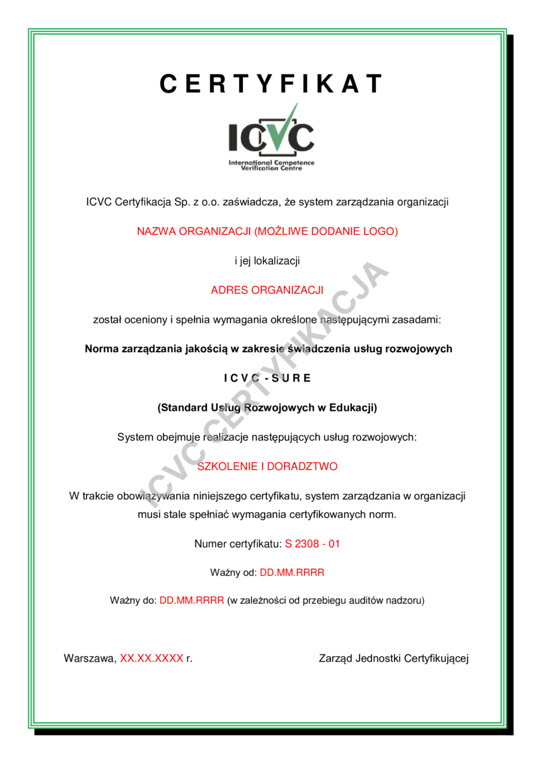 Wzór certyfikatu ICVC-SURE